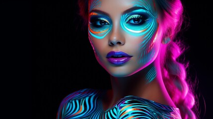 Fashion model in a neon light, gorgeous model portrait with fluorescent makeup, and artwork...
