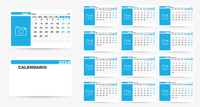 Spanish 2024 calendar with spanish holidays. Week start on monday. Calendar with place for photo. Vector Illustration.