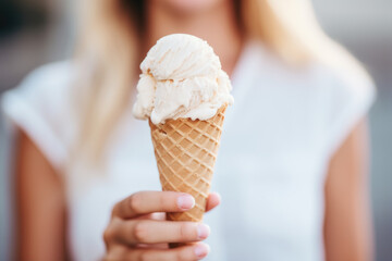 Close-up of a vanilla ice cream cone. Concept captures simple summer pleasures.
