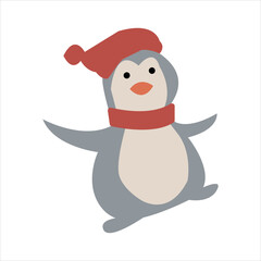 Cute cartoon penguin wearing a winter red hat and scarf. Vector illustration