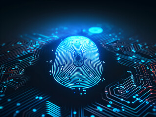 Biometric fingerprint scan on a blue circuit board