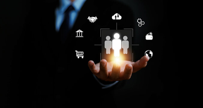 Centric and customer target concept, Businesspeople touching on screen to target customer. Target customer, buyer persona, customer behavior concept, Marketing plan and strategies, centric strategies.