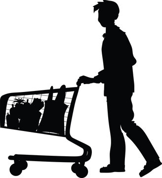 recommend clip art: A man in a supermarket. A man is carrying a wheelbarrow with groceries. Black silhouette . 