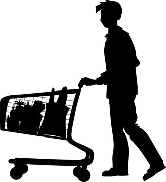 recommend clip art: A man in a supermarket. A man is carrying a wheelbarrow with groceries. Black silhouette on a transparent background. Vector.