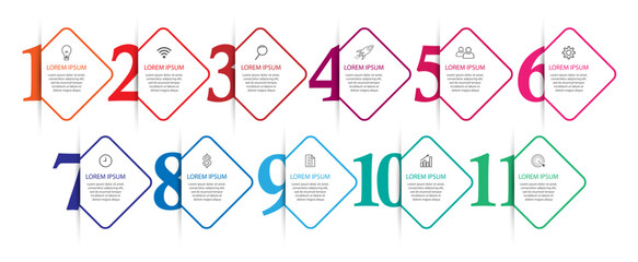 Simple Vector Infographic design template 11 options or steps. with thin lines and diamond numbers, Can be used for process diagrams, presentations, workflow layouts, banners, flowcharts, info graphic