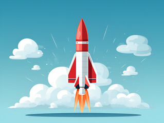 illustration of a rocket taking off into the sky with clouds