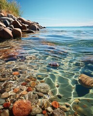Crystal Reflections on the Rocky Shore. Generative ai.