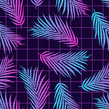 90's 80's Seamless pattern with palm leaves on grid. Wallpaper retro graphic in synthwave style. Gradient, vivid elements for scifi graphic. Vintage design for night club and bar. Miami vibes.