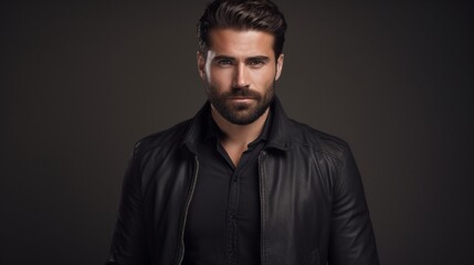 Young, attractive, and driven businessman from Europe. Man with dark hair and a beard wearing a casual jacket in front view. isolated against a backdrop of gloomy gray. studio session