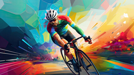 Abstract bright multi-colored illustration of a cyclist riding fast on the road.