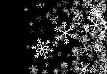 Christmas background with falling snowflakes. Winter holiday background or frame with pattern of layered snow.
