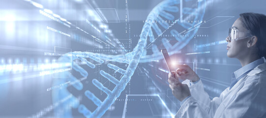 Doctor touching digital tablet to analyse holographic human DNA structure. Advanced technologies in...