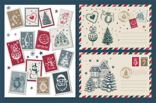 Christmas Stamps, mail, postcard, hand drawn set. Vector.	
