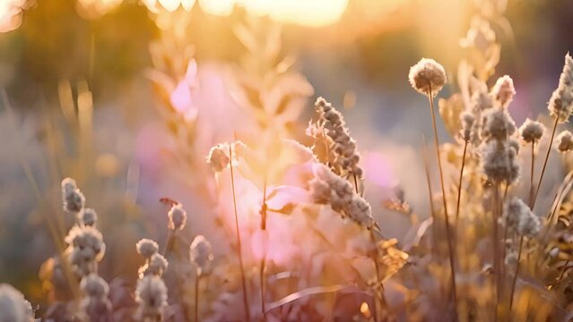 Flower motion wind blowing grass and flowers on grassland and beautiful sunset It pasture landscape is beauty and refresh. It pink or purple floral flower in meadow field. Sunlight thought green leaf 