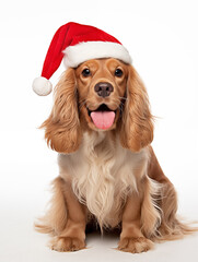 Cocker Spaniel in Santa Hat Sitting on White Background