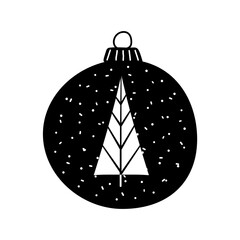 Christmas silhouette tree toy ball. Happy new year decoration in silhouette style with cute tree. Christmas sticker - holiday symbol icon. illustration