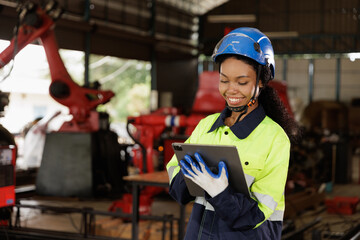 Portrait of female mechanical engineer worker in yellow hard hat and safety uniform using tablet standing at manufacturing area of industrial factory