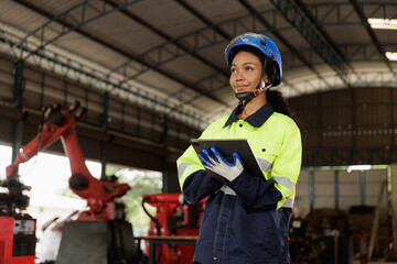 Portrait of female mechanical engineer worker in yellow hard hat and safety uniform using tablet standing at manufacturing area of industrial factory