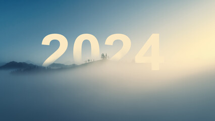 New year 2024 inspirational abstract nature background and foggy horizon of mountain hills and...