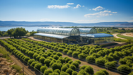 Panoramic photo from aerial view of agricultural greenhouses for growing vegetables and fruits, and...