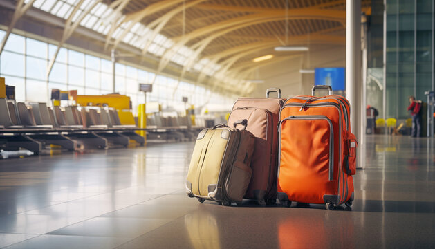 Travel bags on floor in the airport terminal. Baggage check-in and drop off.
