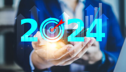 Concept of 2024 year goal, Business planning in next year 2024, Strategy and economic and happy new...
