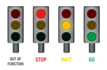 Four semaphore stages, our of function, wait stop and go. simple vector illustration