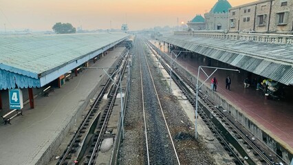 Rail Roads. Rawalpindi Railway Station. Railroad track. Rail tracks at Rawalpindi Railway station. Pakistan Railway transportation concept. High angle view. Beautiful 4K Footage. - Powered by Adobe