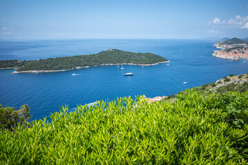 Top view to Dubrovnik Old Town and Lokrum island in the Adriatic sea on sunny summer day. Focus on green bushes in the foreground