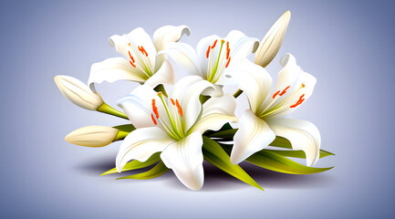 bouquet of white lilies with orange stamens and green leaves against a gray background, giving a fresh, pure, and serene feel