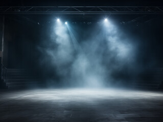 Dark scene with a smoky dark blue background. Empty dark room with spotlights for displaying products