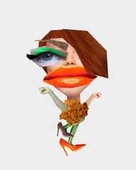 Contemporary art collage. Creative portrait, caricature of stylishly dressed woman expressing...
