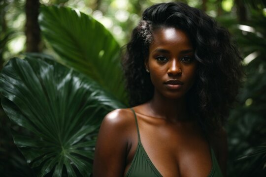 African American woman looks into the camera on a green background of large leaves in the forest, light and shadow on the face of a girl, a model. Spa, natural beauty, copy space nature background.