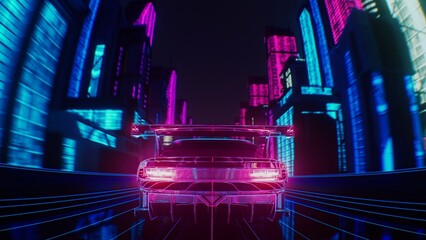 3d render of a cyber neon car through the night city in skyscrapers