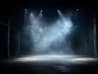 Dark scene with a smoky dark blue background. Empty dark room with spotlights for displaying products