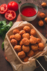 Chicken popcorn, deep fried, nuggets, close-up, rustic, no people,