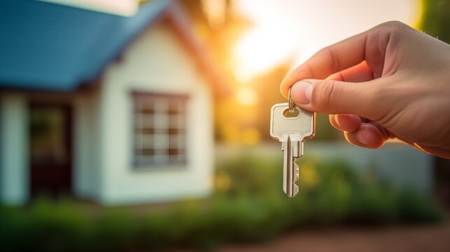 A photo of a hand holding a key against the blurred house home ownership background at golden hour for real estate possession concept