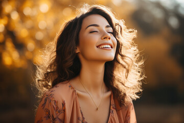 A brunette woman breathes calmly looking up enjoying autumn air
