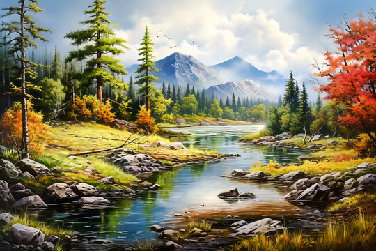 Nature’s Beauty.  Generated Image.  A digital illustration of the serenity and splendor of a natural landscape.