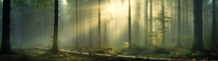 A misty forest in the early morning, with sunbeams filtering through trees and leaving room above for copy.