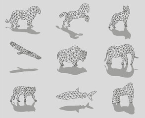 Polygonal silhouettes of animals. Triangulation of wild animals, birds and fish with shadow. Vector illustration.
