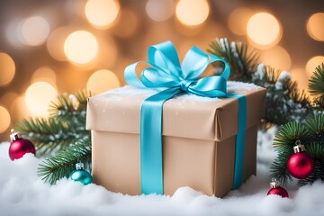 Naklejka na ściany i meble Beautiful Christmas gift boxes on floor near fir tree in room