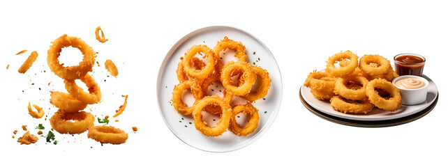 Group Set of Onion Rings: Side and Top View, Isolated on Transparent Background, PNG