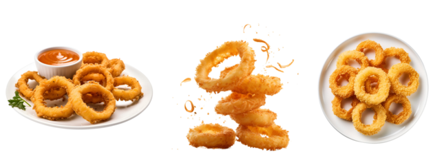 Set View of Onion Rings Group from Top and Side, Isolated on Transparent Background, PNG