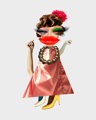 Contemporary art collage. Creative portrait, surrealistic caricature of stylishly dressed woman...