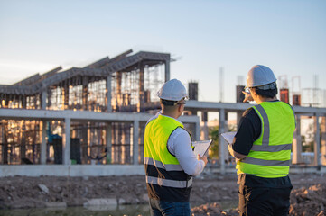 Two Asian engineer working at site of a large building project,Thailand people,Work overtime at construction site,Team of engineer discus at site