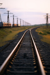 Fototapeta na wymiar Trilho do trem atravessando um gramado verde durante a tarde - Papel de parede