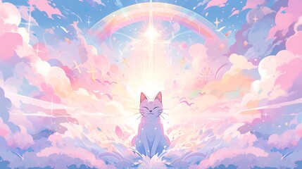 Rainbow Reincarnation: The Spiritual Journey of Cat After Death in a Fantasy Anime Cartoon Illustration.