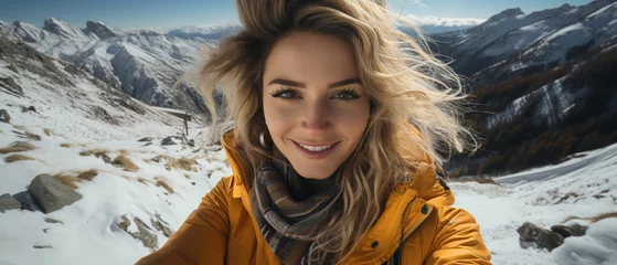 Poster Skivergnügen im Gelb: Frau macht Selfie in verschneiter Landschaft © PhotoArtBC