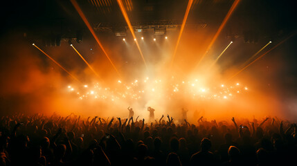 Silhouettes of a concert crowd with raised hands against bright stage lights and fireworks. People are enjoying the music and the lively atmosphere